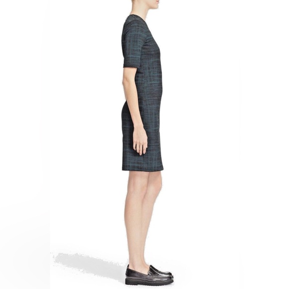 Theory Dress Women's 0 Green Black Crosshatch Rijik Short Sleeve Sheath Stretch - Picture 2 of 8